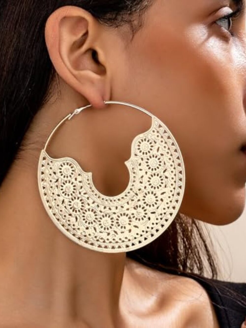 New - Chunky Metal Hoop Earrings Vintage Bohemian Textured Statement Earrings
